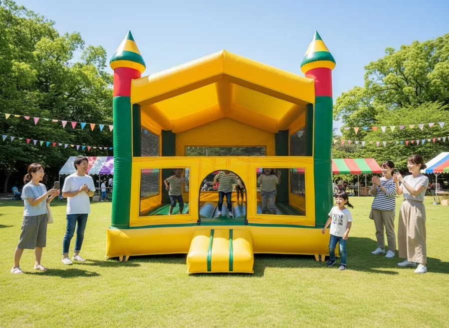 公園のイベントでお城型のふわふわ遊具で遊ぶ子どもたち