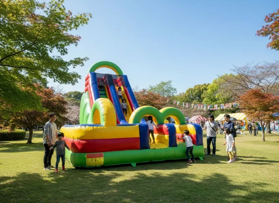 公園に設置した大型滑り台のふわふわ遊具と親子